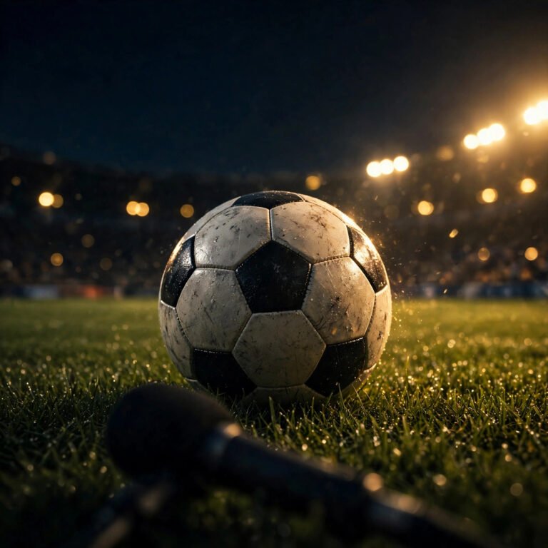 Balón de fútbol sobre el césped de un estadio iluminado durante la noche de la jornada 8 de LaLiga